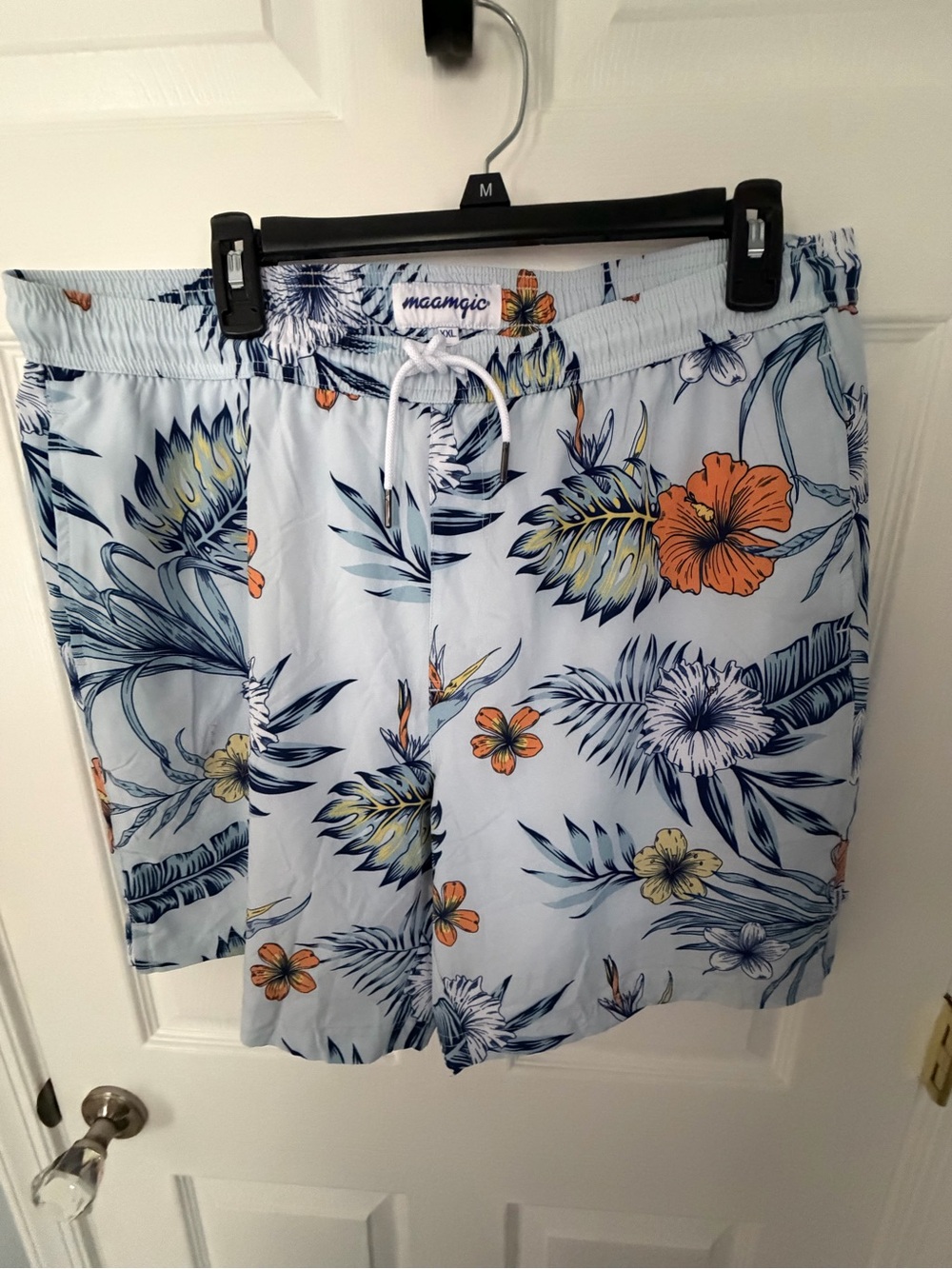 Maamgio Light Blue Tropical Floral Swim Board Shorts with Orange Accents